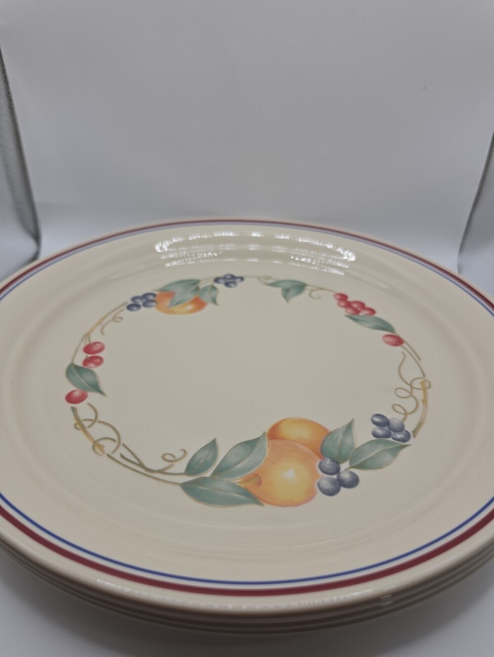 Set Of 4 Corelle ABUNDANCE 10 1/4 " Dinner Plates Fruit Motif Striped Rim USA